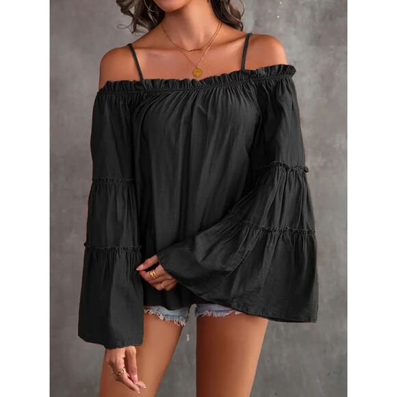 Ruched Spaghetti Strap Blouse Cold Shoulder Blouse Black Size 14 - Picture 3 of 10